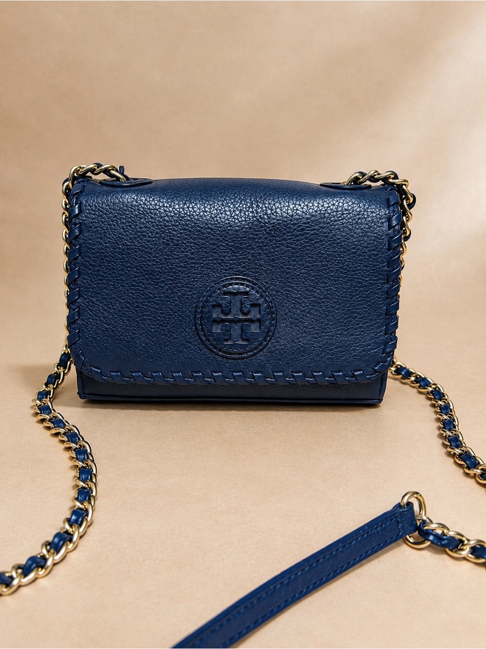 Tory Burch Navy Leather Whipstitch Logo Crossbody with Gold Chain